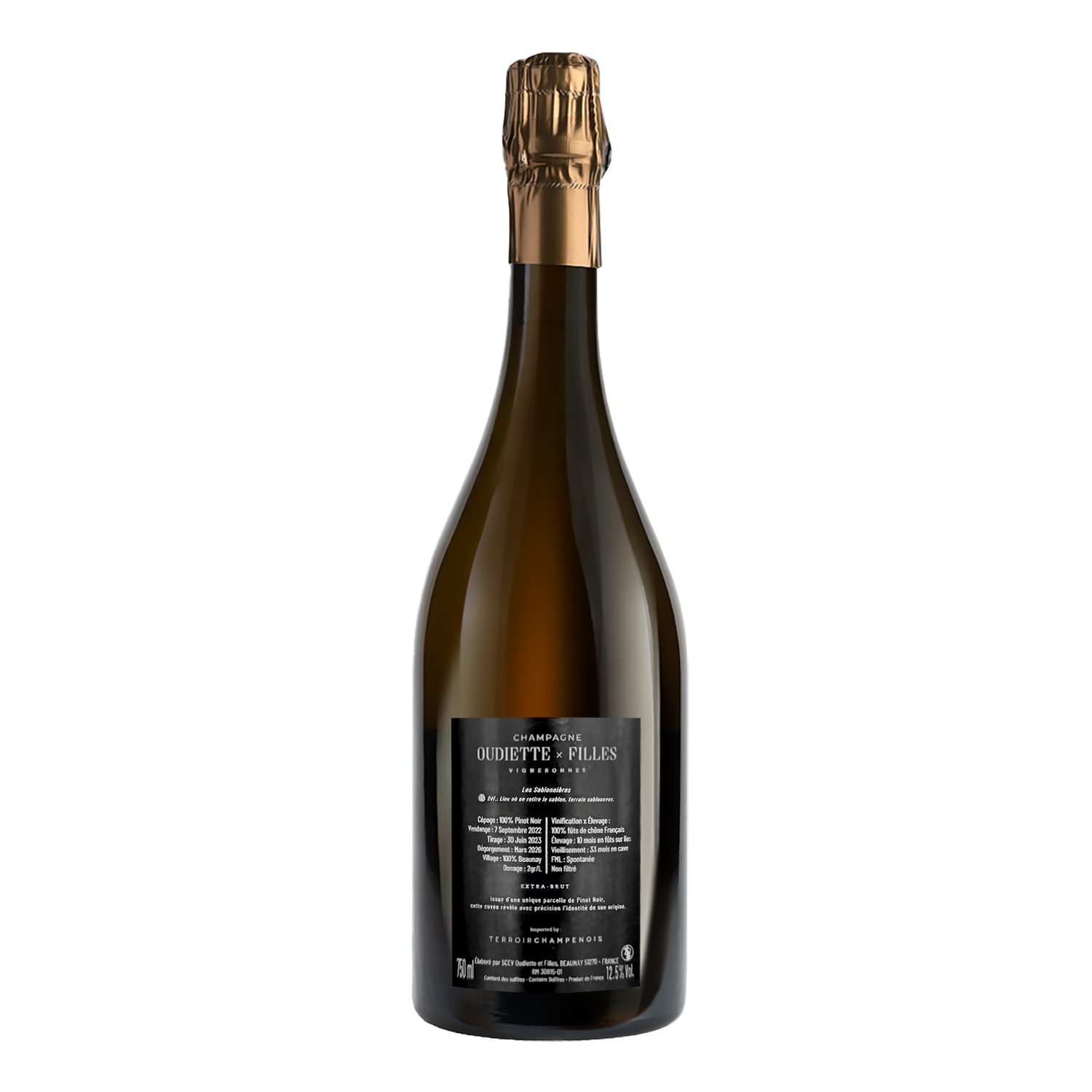 Champagne Les Sablonnières 2022 Pinot Noir Extra Brut de Oudiette x Filles. Procedente de la Côte Sezanne.