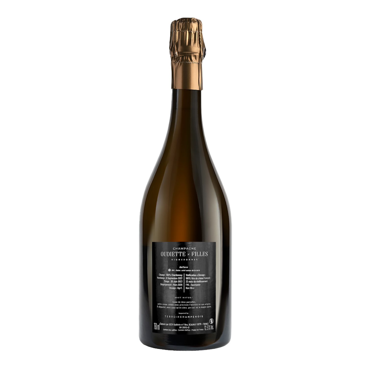 Champagne Uni Terre 2022 Chardonnay Brut Nature de Oudiette x Filles. Procedente de la Côte Sezanne.