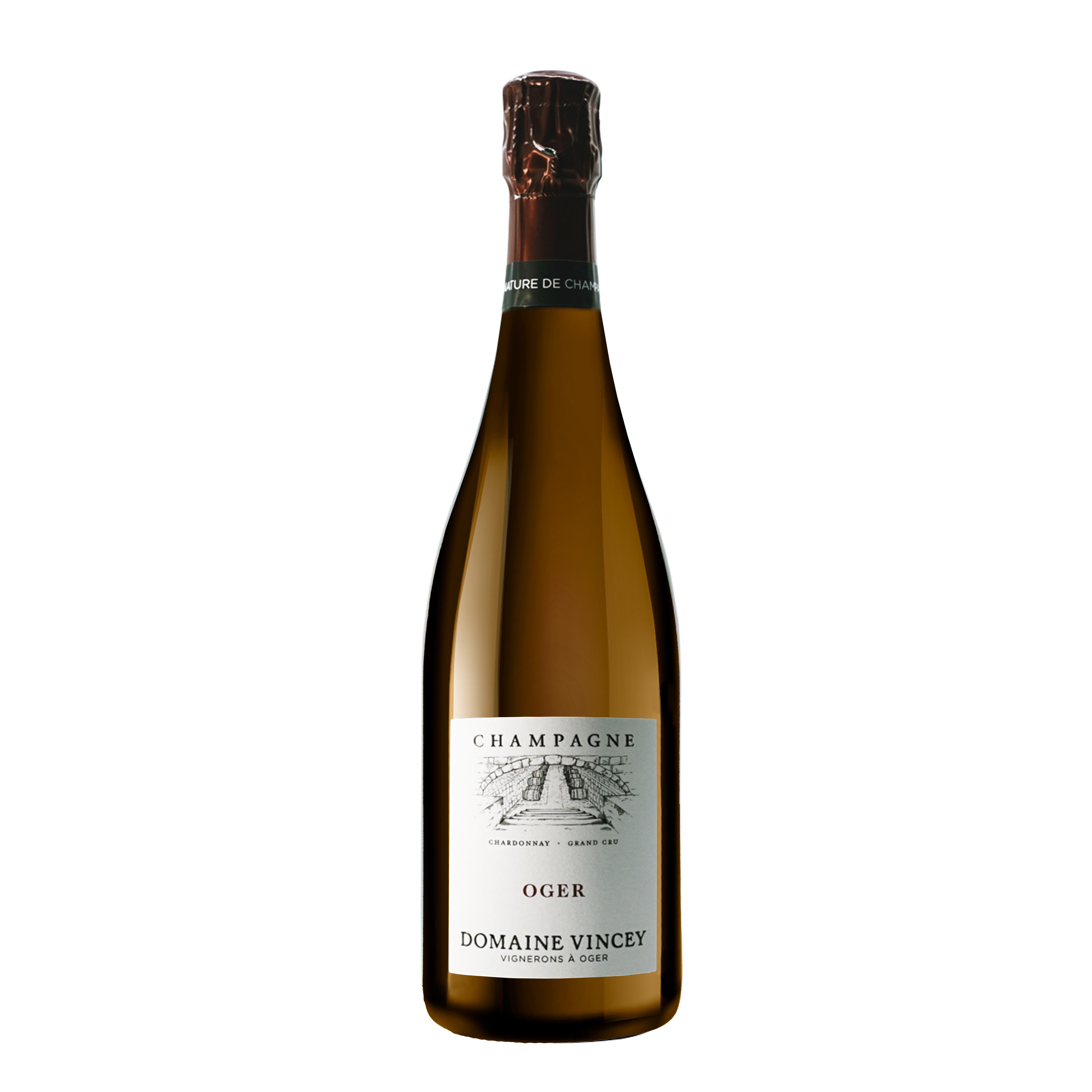 Botella de Champagne Oger Grand Cru 2021, es una chardonnay brut nature de Domaine Vincey procedente de la Côte-des-blancs